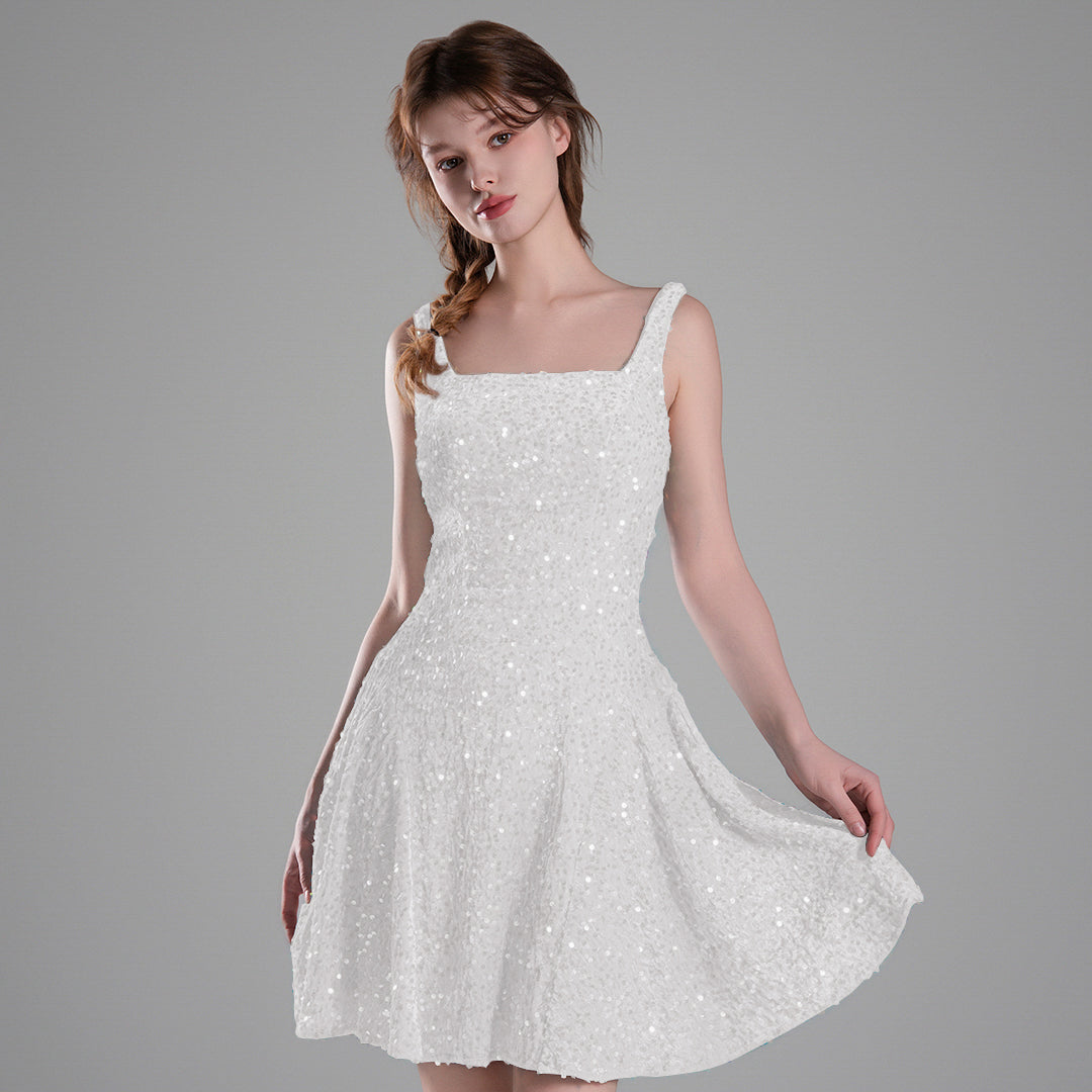 Square-Neck Wide Straps Sequins Pleated Dresses
