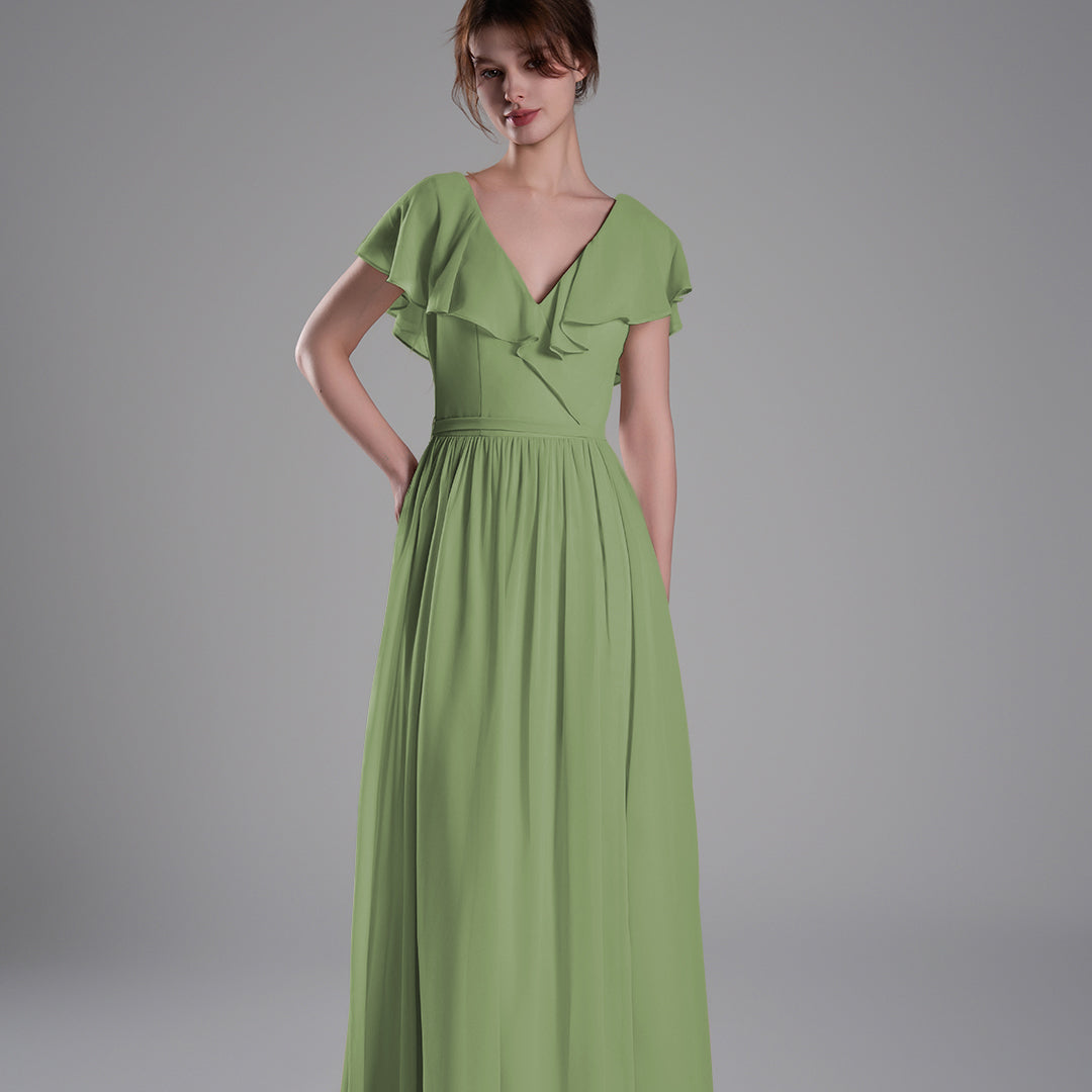 Deep V-Neckline Flutter Sleeves Tie Detail Dresses