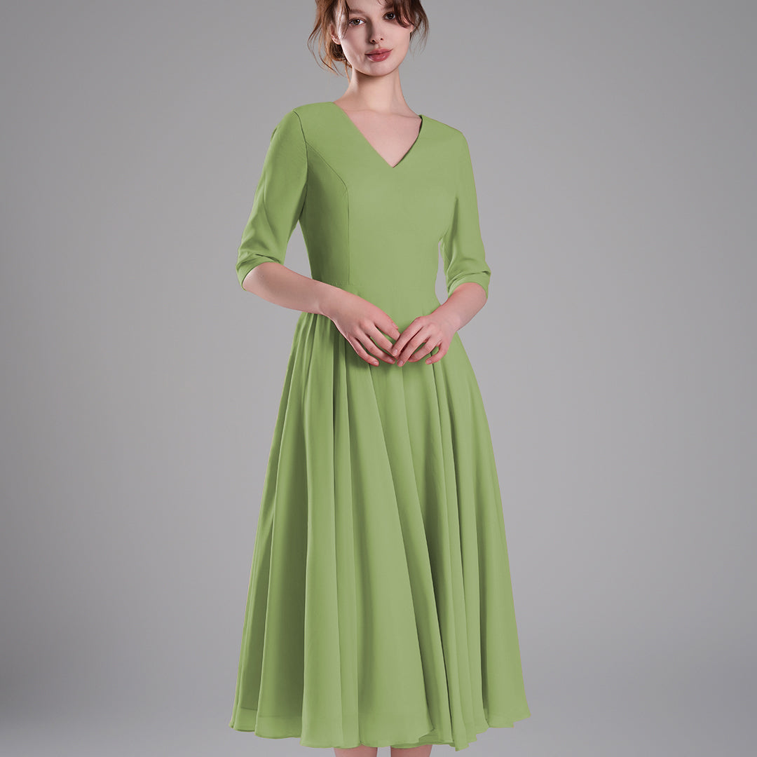 Elegant Chiffon Midi Dress with 3/4 Sleeves