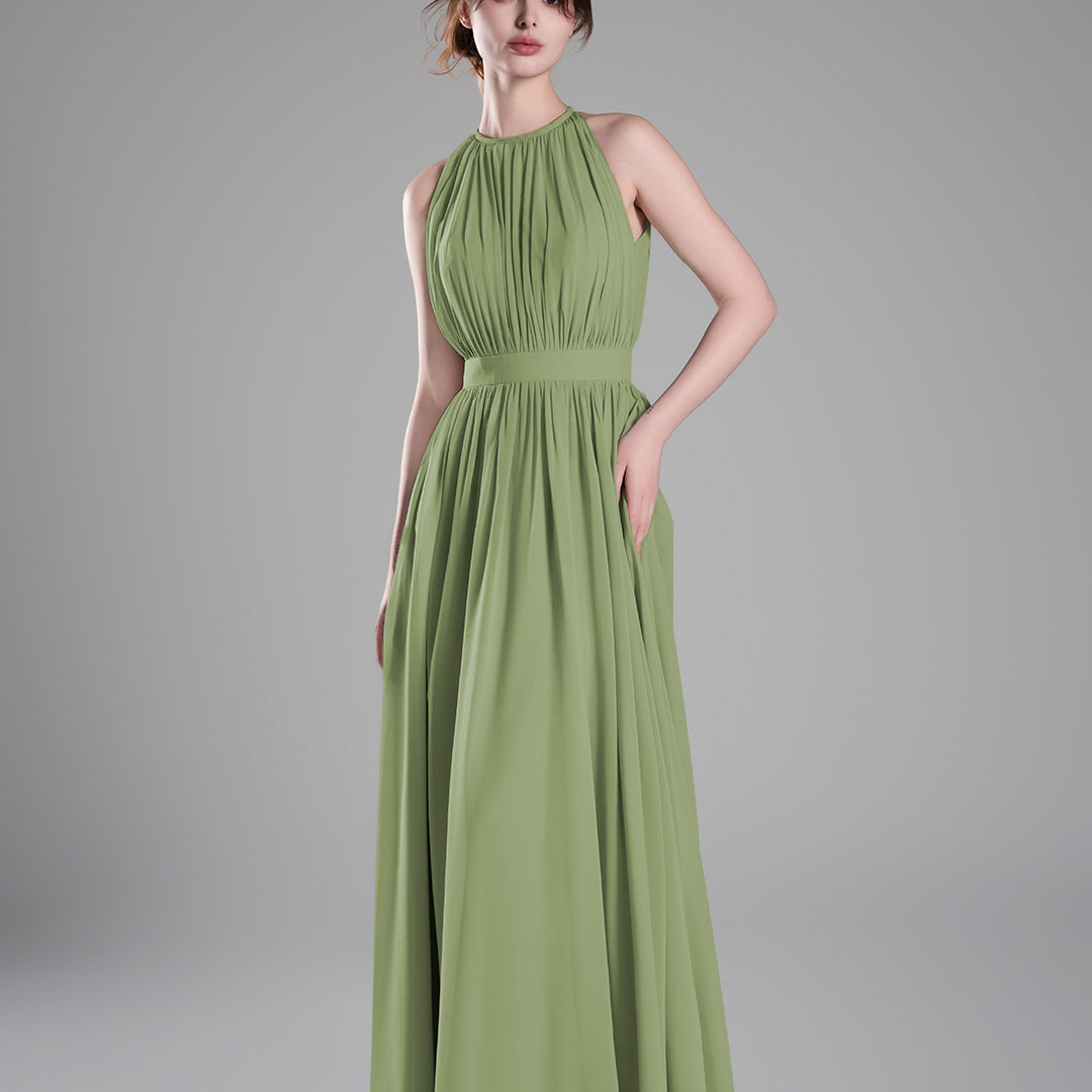 Halter Neckline Pleated Cinched Waist Dresses