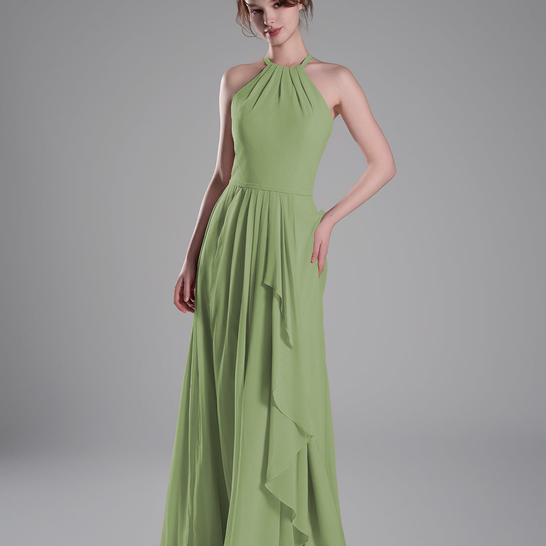Halter Neckline Pleated Asymmetrical Ruffle Dresses