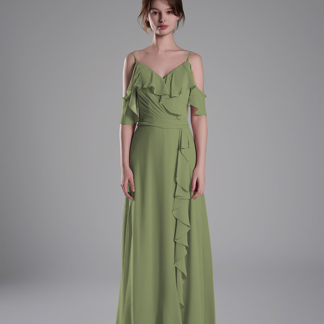 Adjustable Straps Ruffled Chiffon Long Dresses