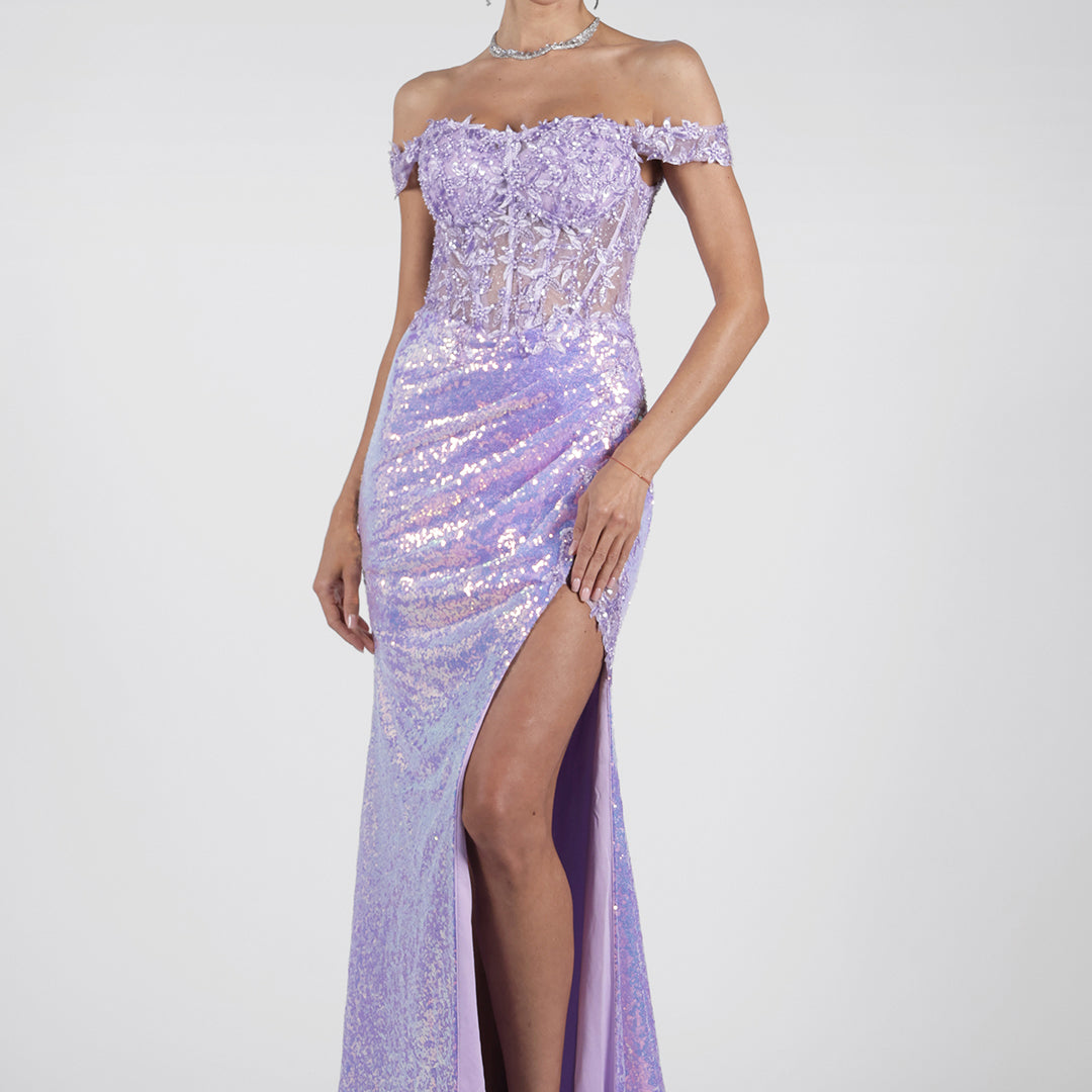 Off Shoulder High Side Split Corset Appliqued Sequins Evening Dress