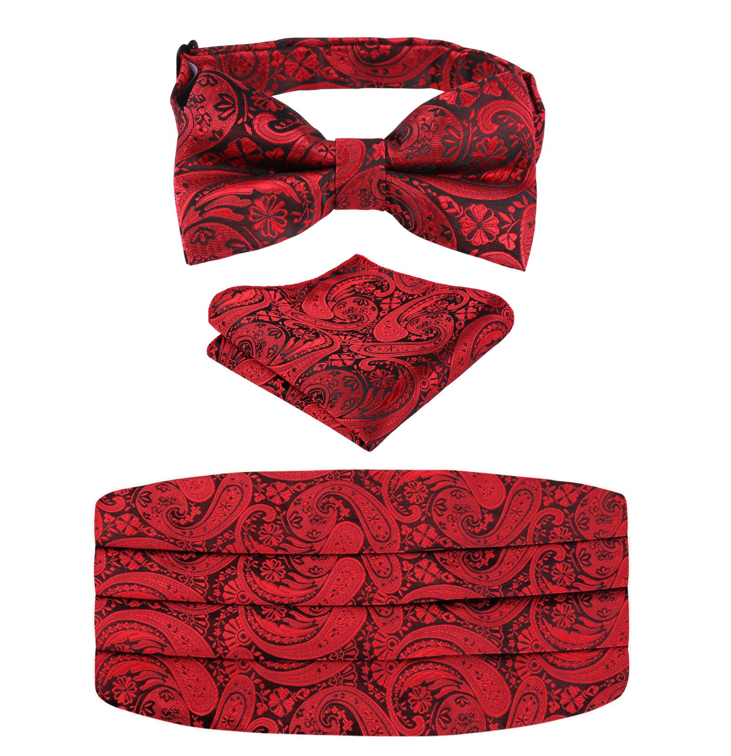 Men's Paisley Pre-tied Adjustable Bow Tie, Cummerbund and Pocket Square Set #130