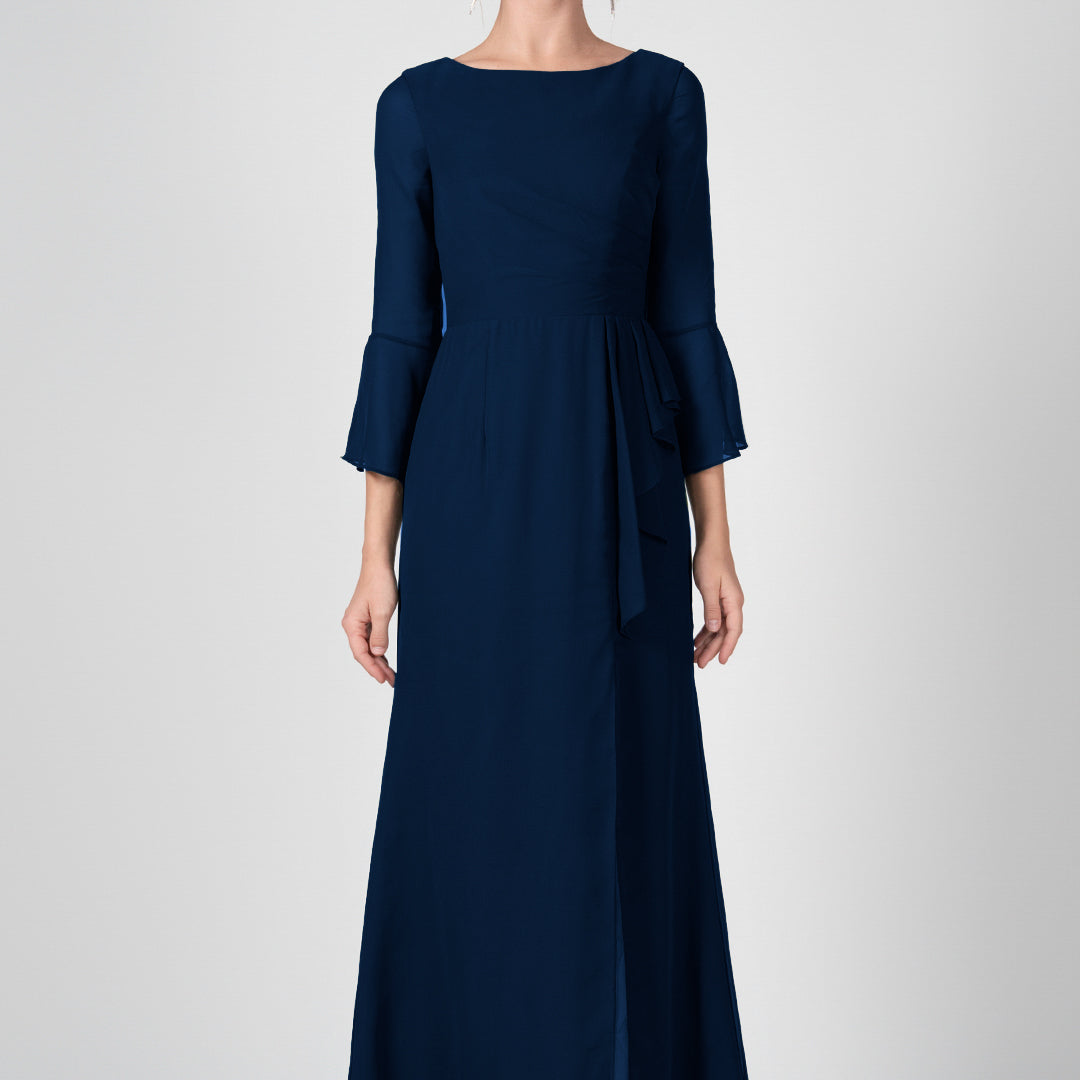 Bateau Neck Sheer Sleeve Split Maxi Dresses