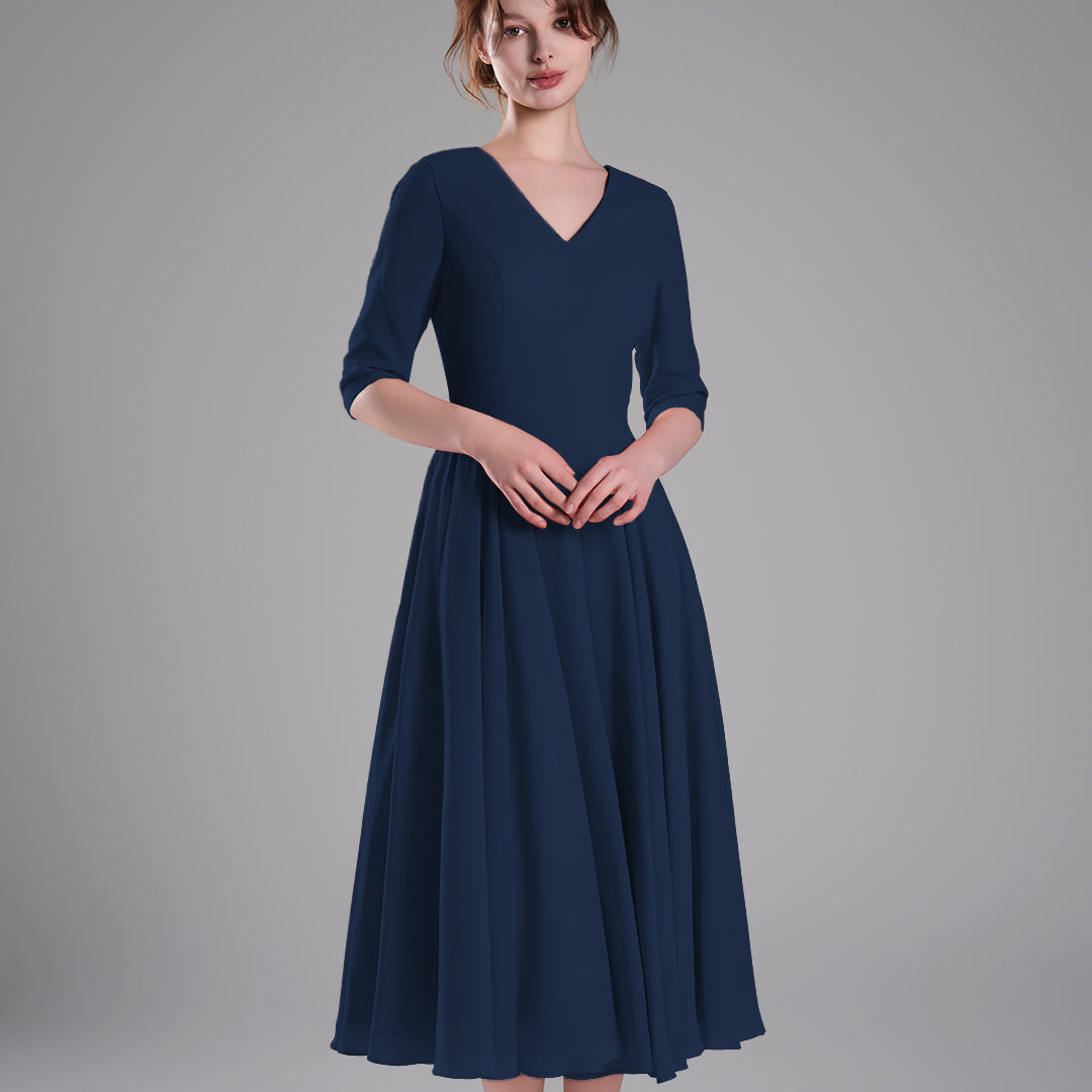 Elegant Chiffon Midi Dress with 3/4 Sleeves