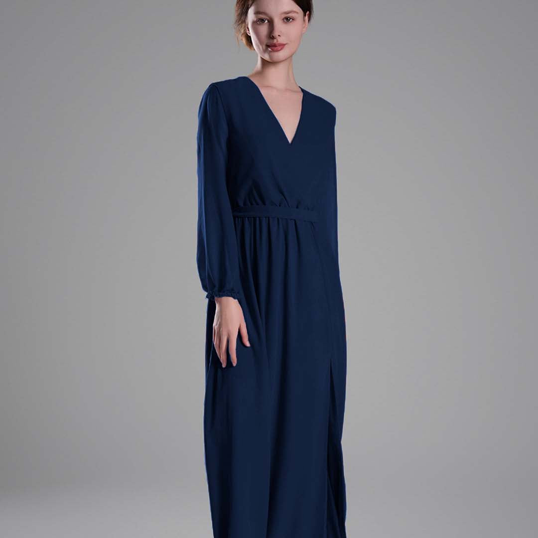 V-Neck Elegant Long Sleeves Flared Slit Dresses