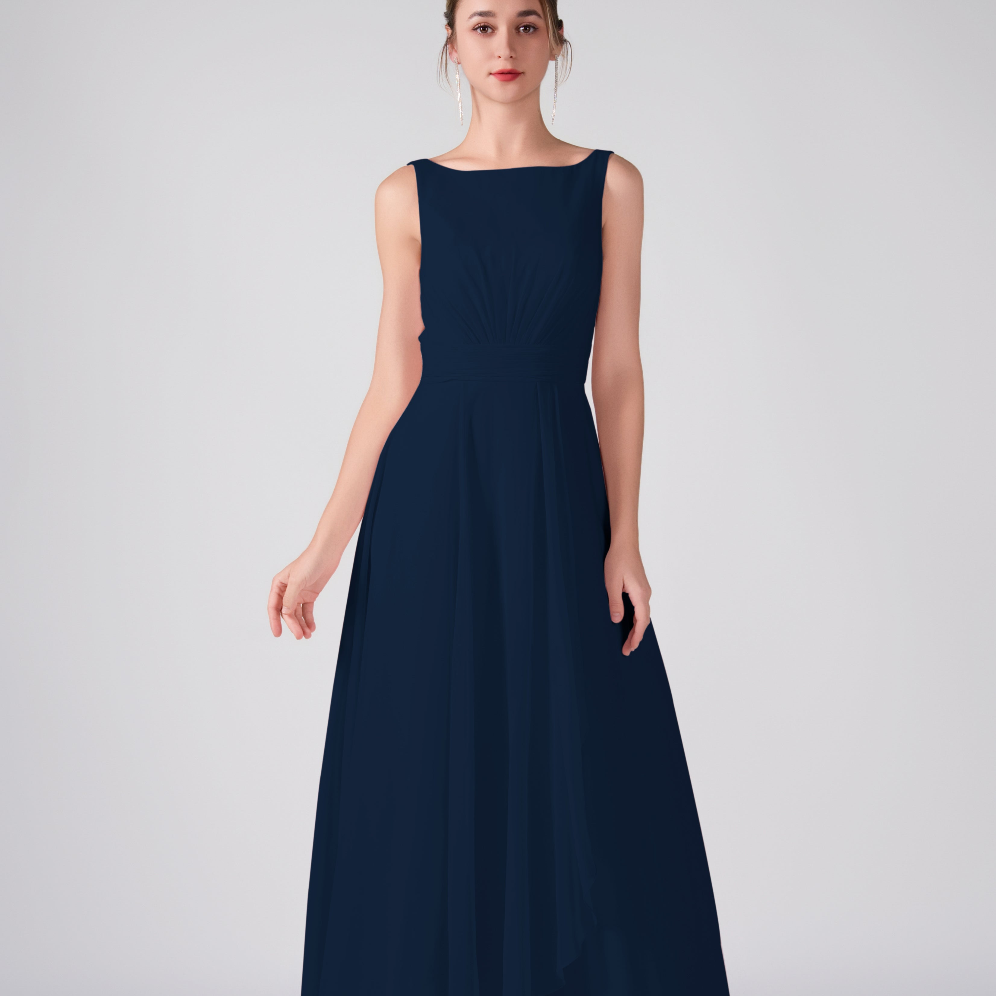 Bateau Neckline Sleeveless Ruched A-Line Maxi Dress