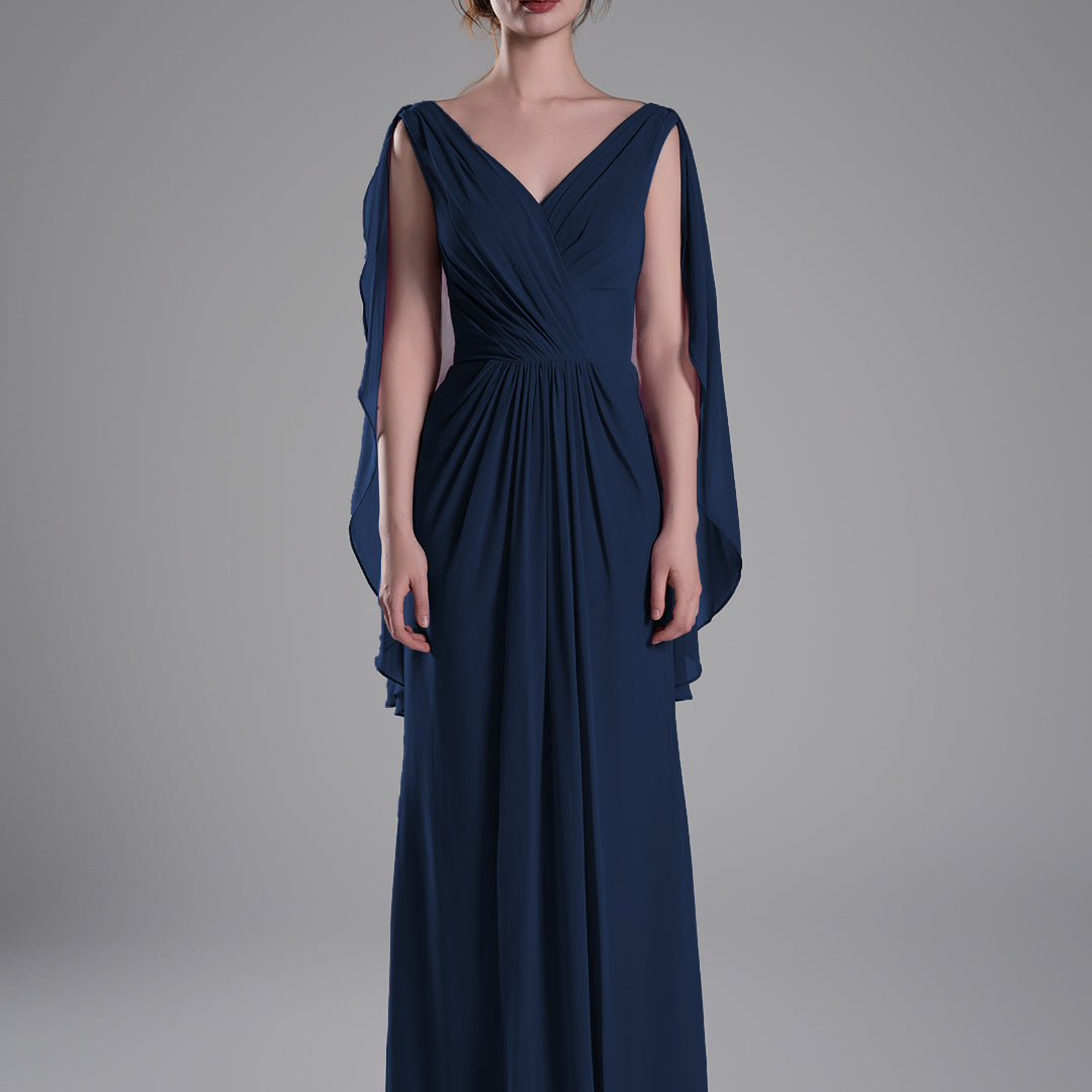 V-Neck Flowing Cape Sleeves Pleated Dress