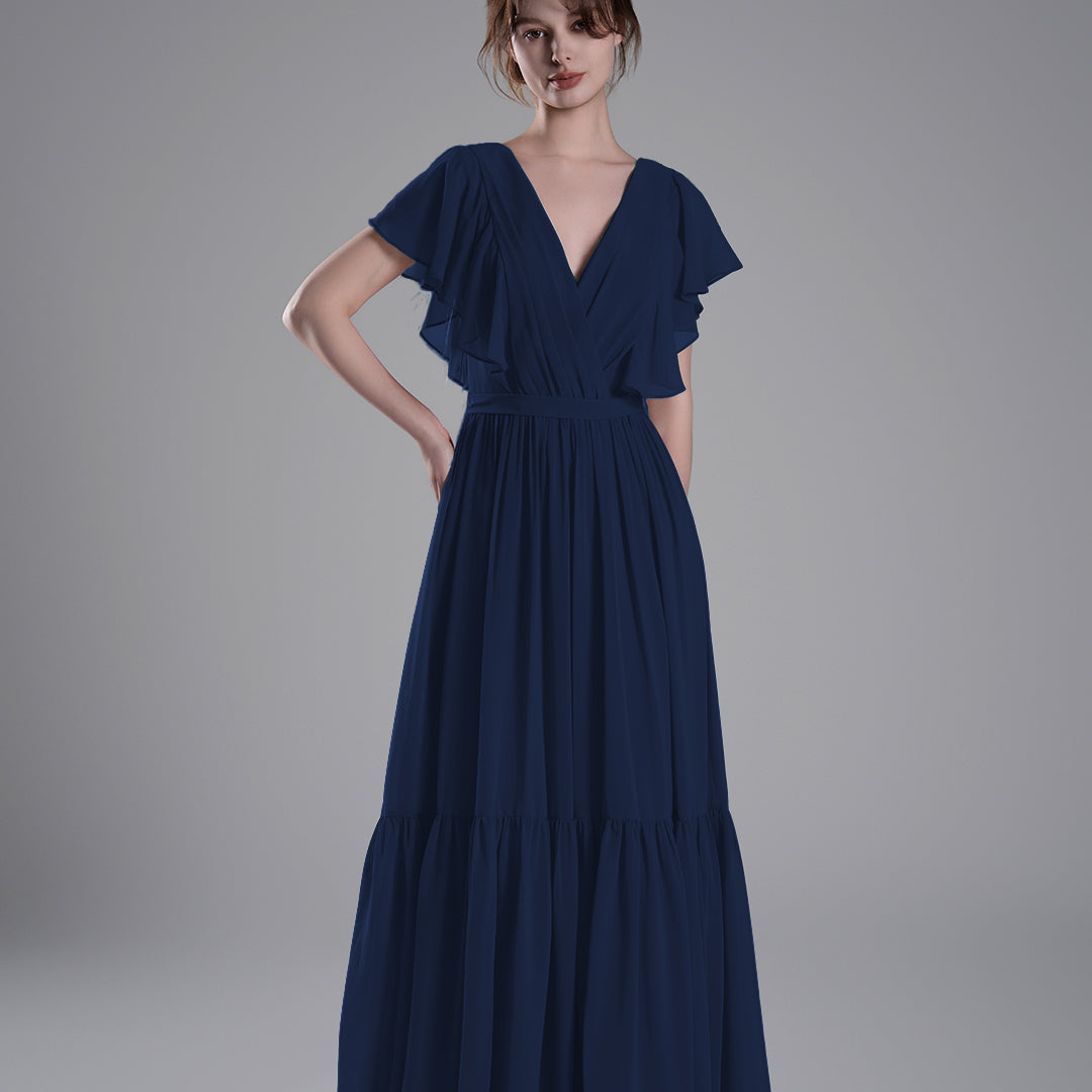 Elegant Ruffled V-Neck Chiffon Patchwork Maxi Dress