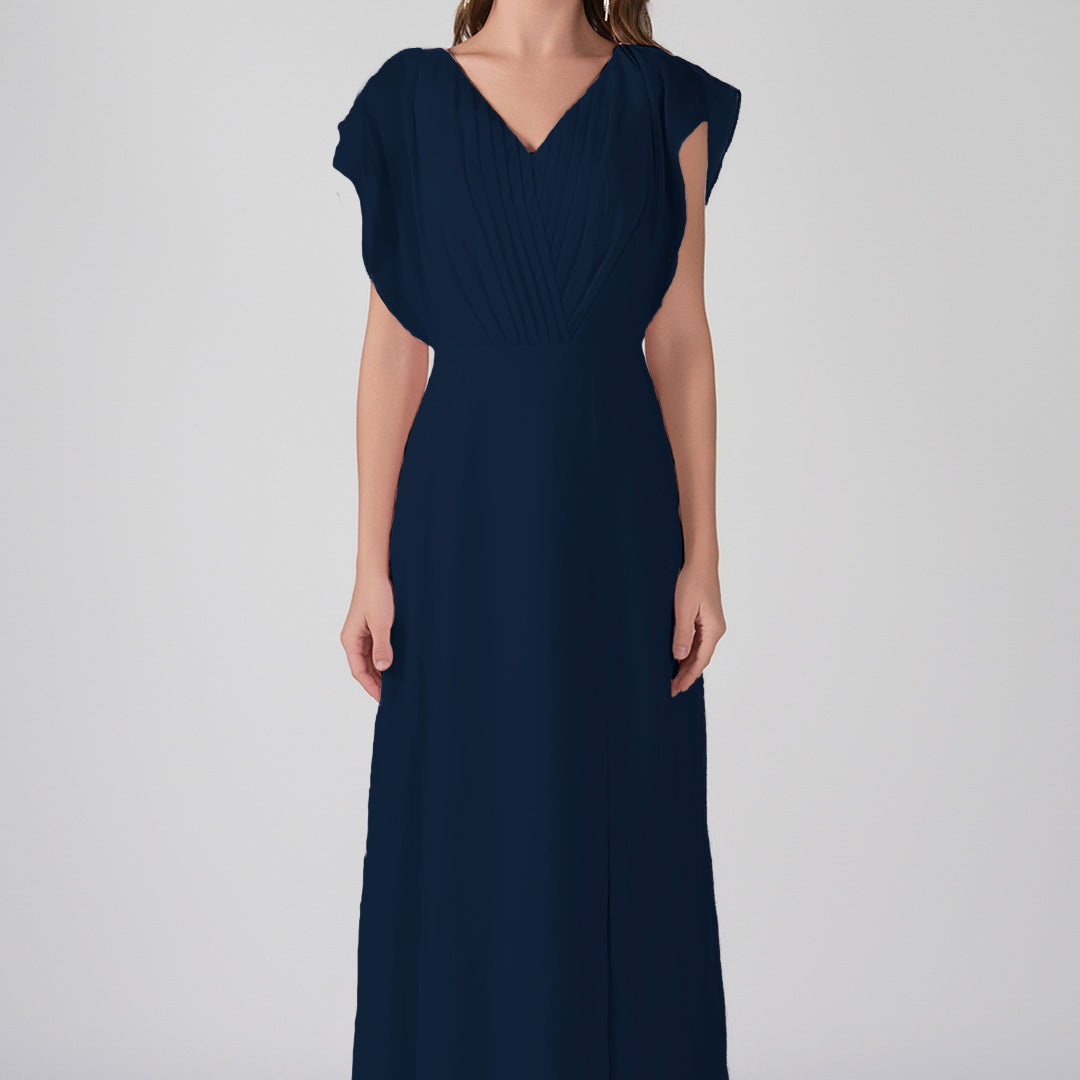 V-Neck Flutter Sleeves Pleats A-Line Maxi Dress