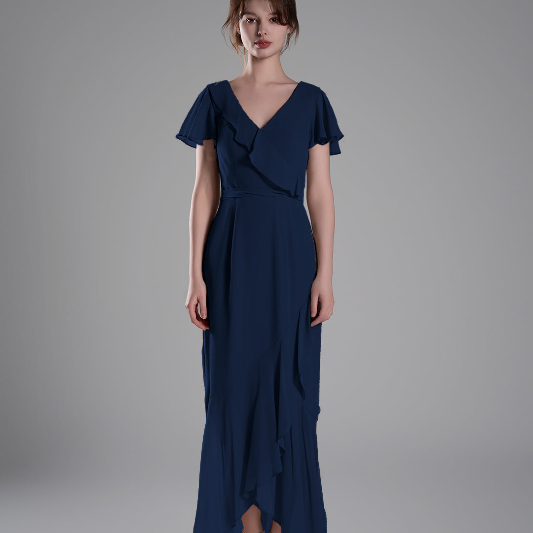 V-Neck Ruffled Detailing Pleated Patchwork Dresses