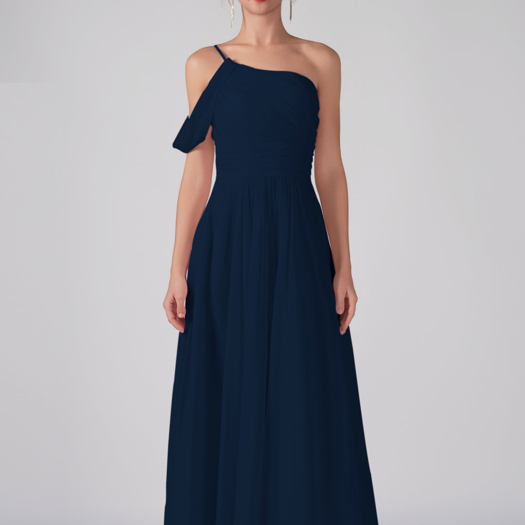 One Shoulder Off Shoulder Sleeve Ruched Bodice A-Line Maxi Dress