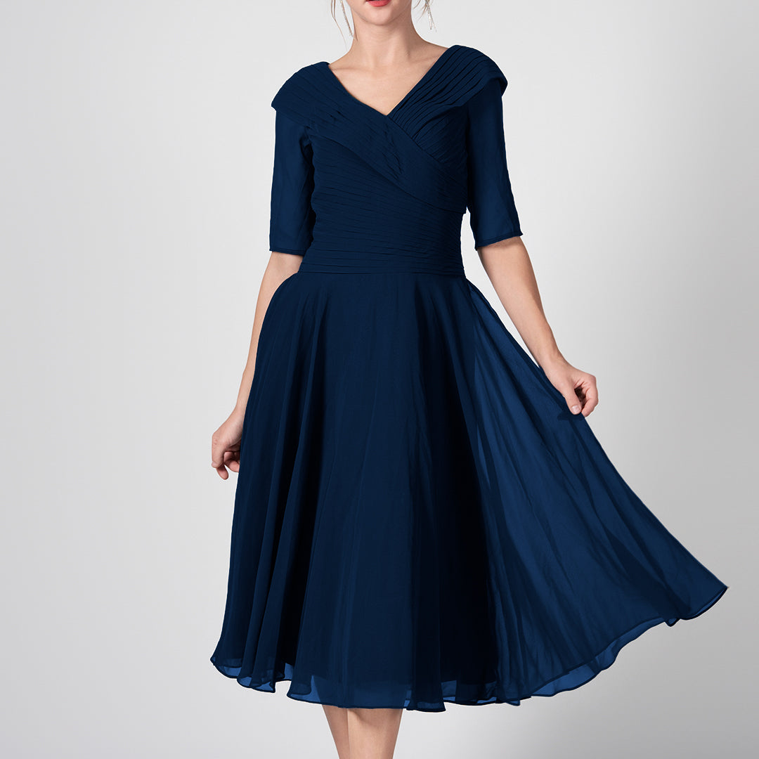 V-Neck Pleated A-Line Mother of the Bride Midi Dresses