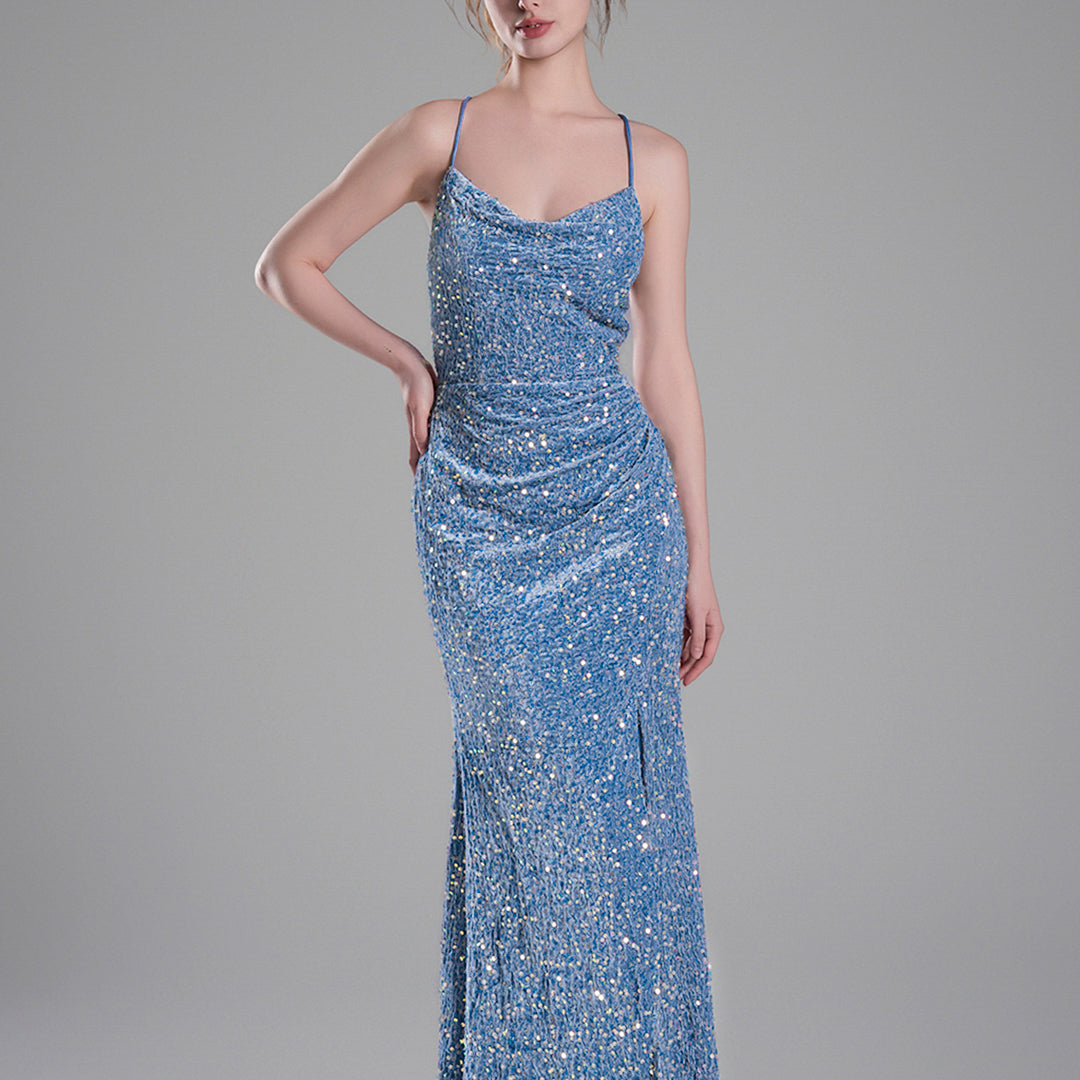 Cowl Neckline Eye-Catching Sequin Lace-Up Dresses