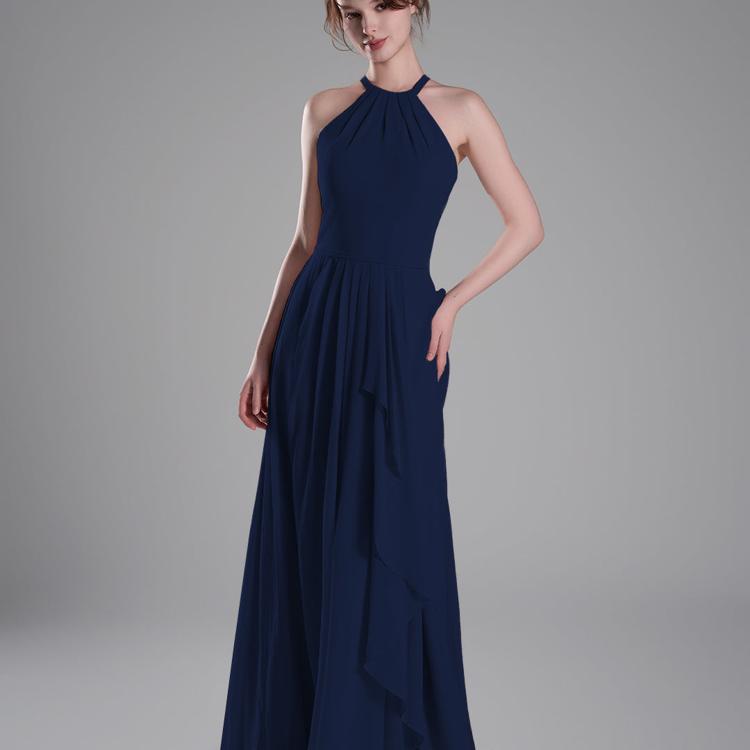 Halter Neckline Pleated Asymmetrical Ruffle Dresses