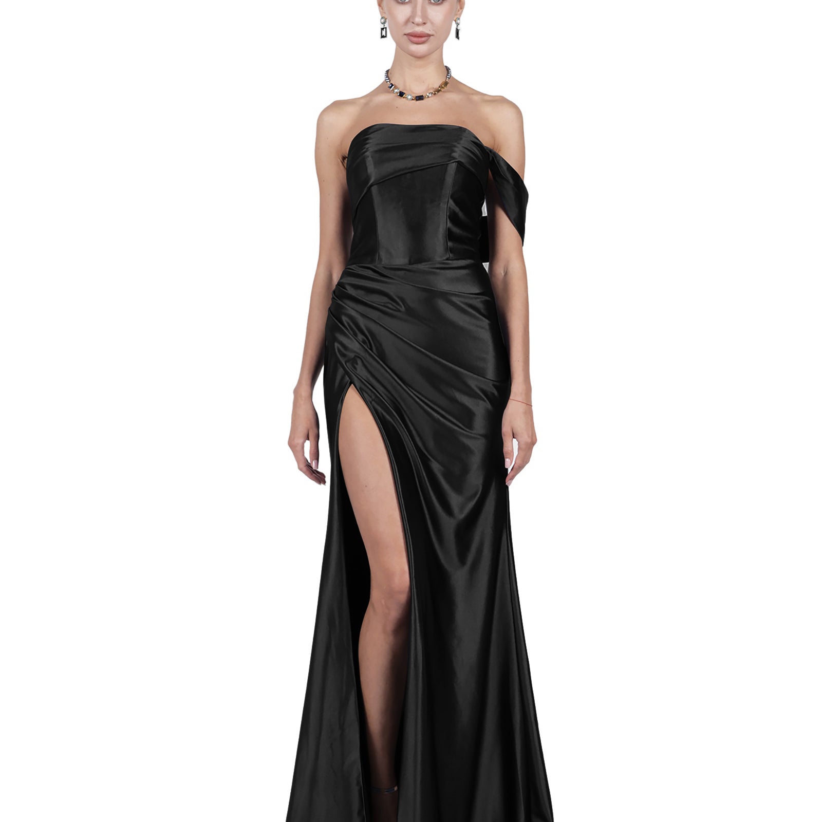 Off-Shoulder Pleated Satin High Split Flutter Elegant Evening Dresses