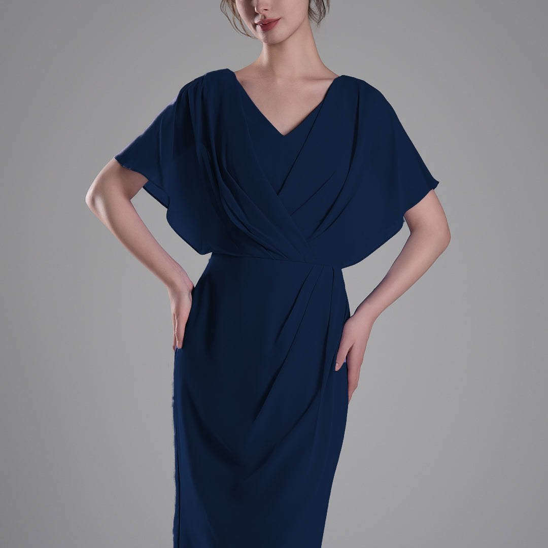 V-neck Pleated Cape Knee-length Dresses