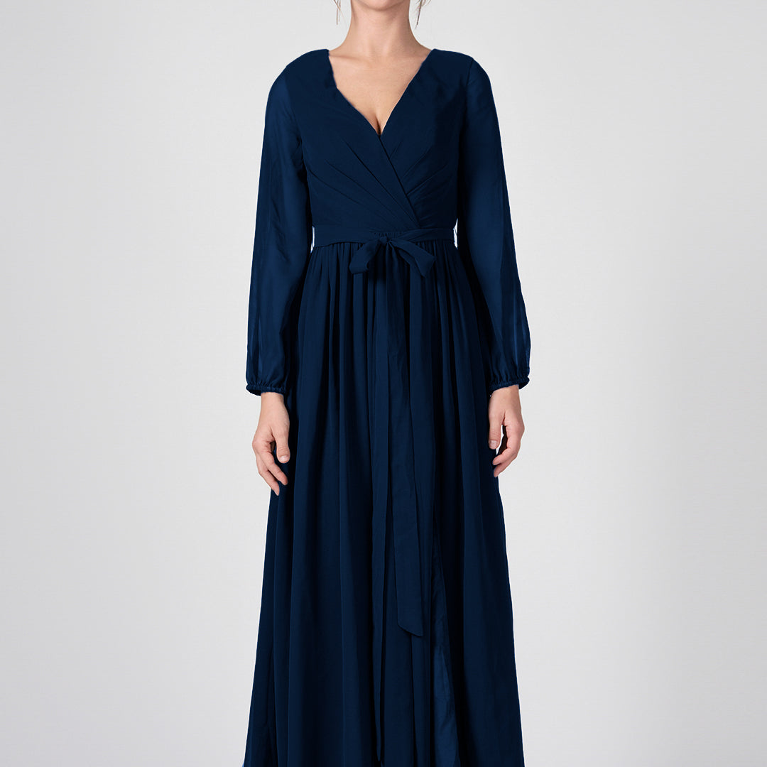 Ruched V-Neck Long Sleeve Split Maxi Dresses with Tie