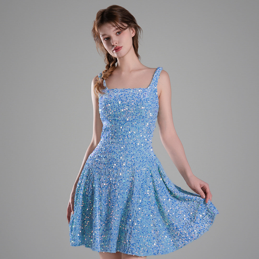 Square-Neck Wide Straps Sequins Pleated Dresses