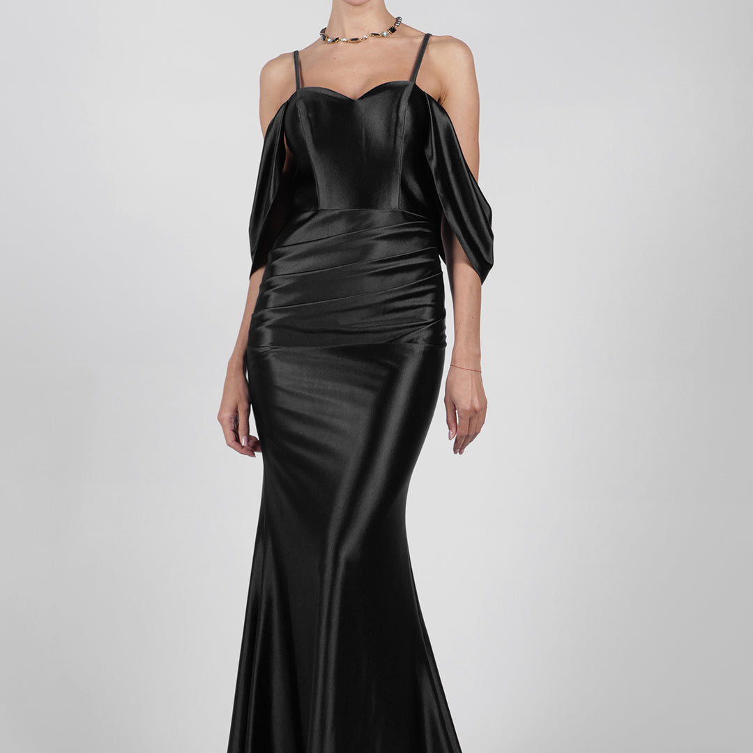 Off-Shoulder Pleated Satin Mermaid Evening Dresses