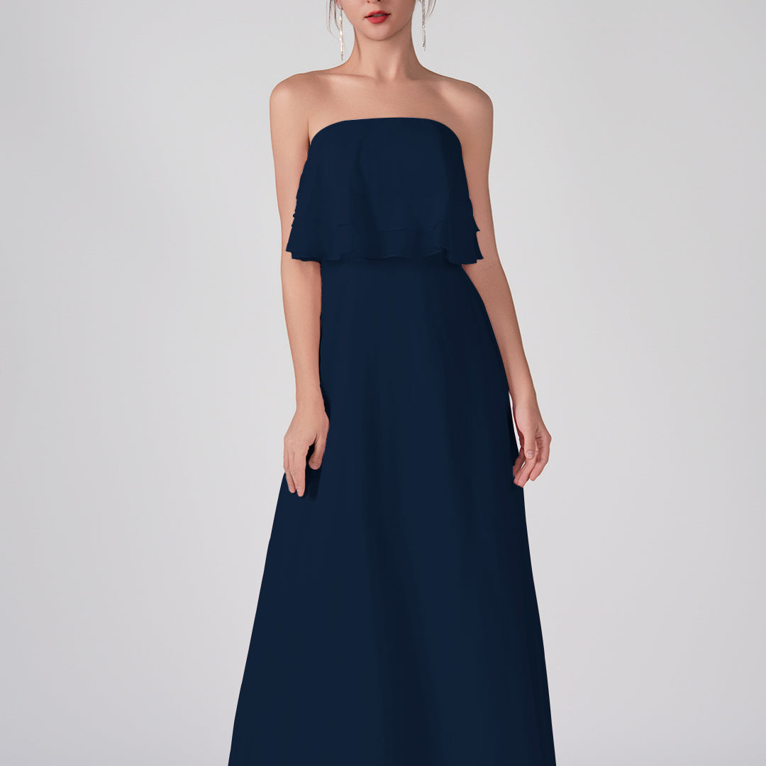 Robe trapèze en mousseline de soie sans bretelles à volants, longueur au sol