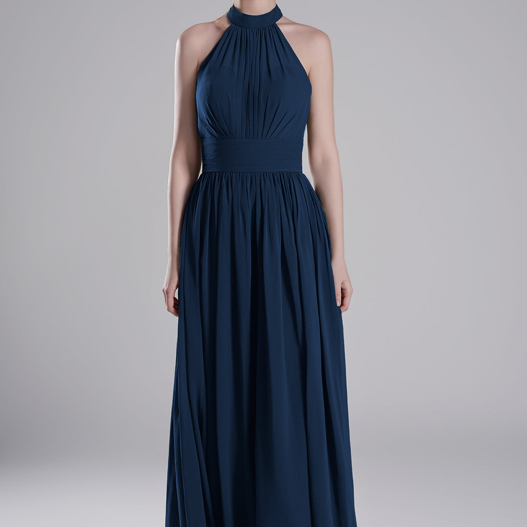 Halter Neckline Pleated Bodice Open Back A-Line Dresses