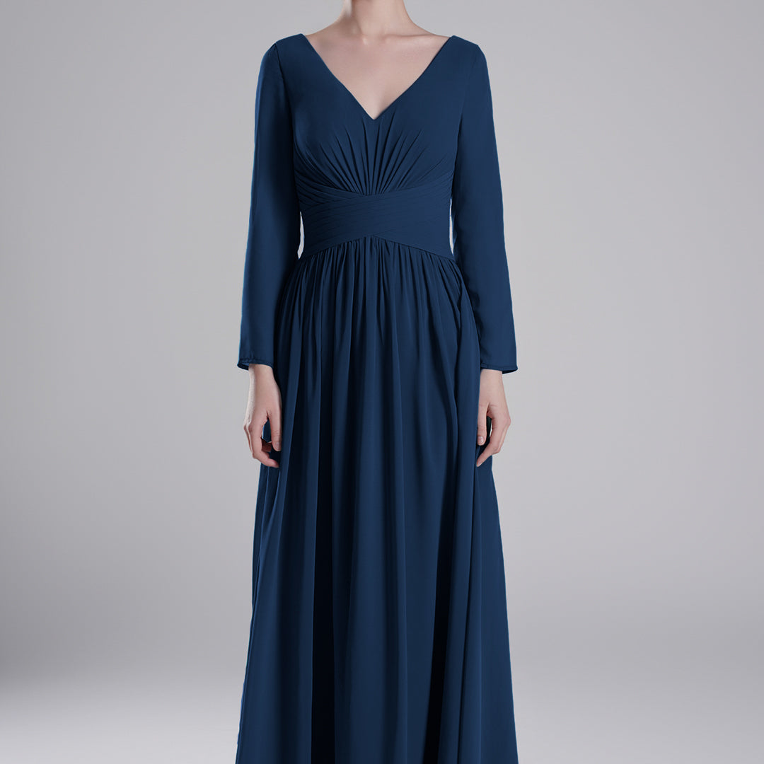 V-Neck Pleated Fitted Waist Flowing A-Line Dresses