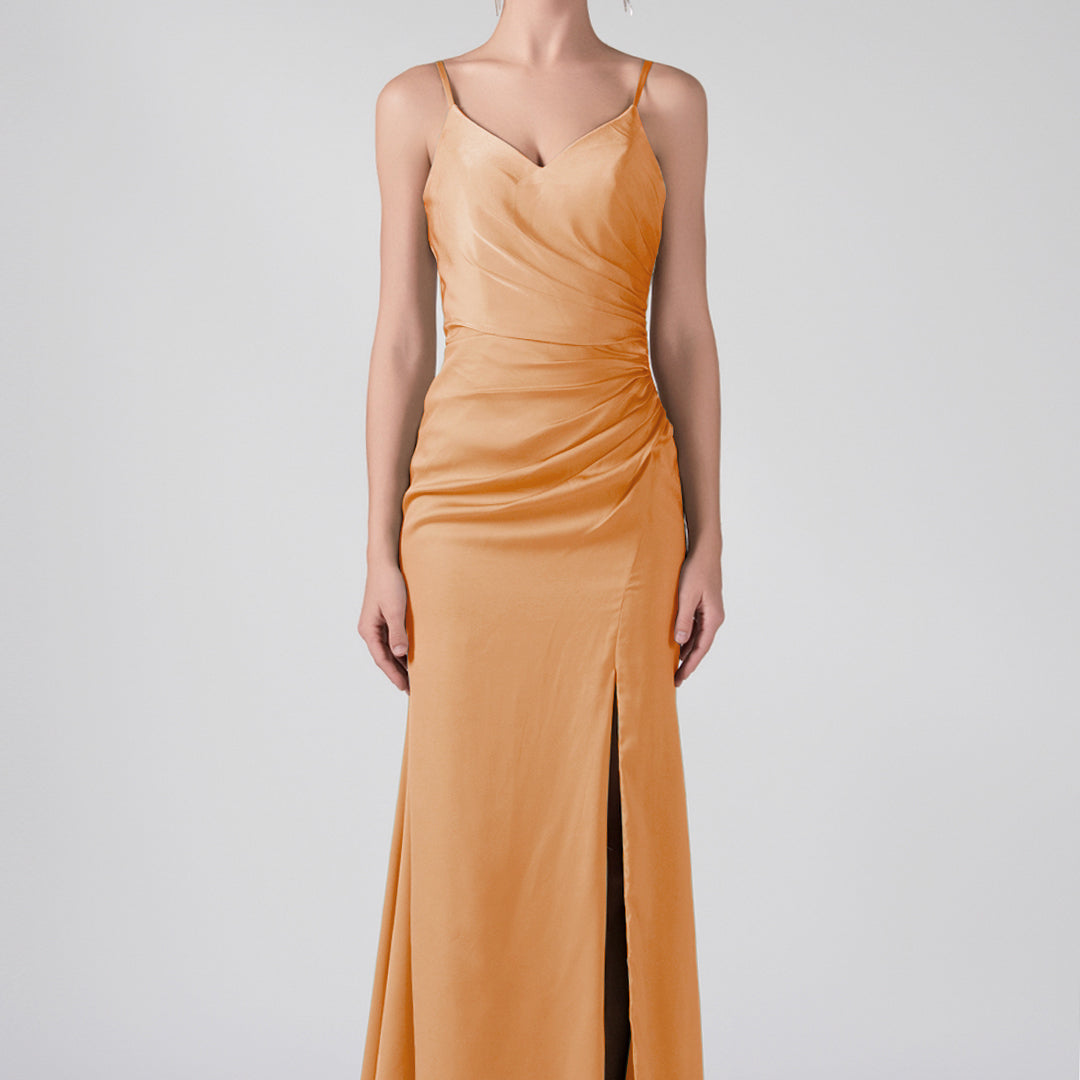 V-Neck Spaghetti Straps Front Split Ruffles Maxi Dress