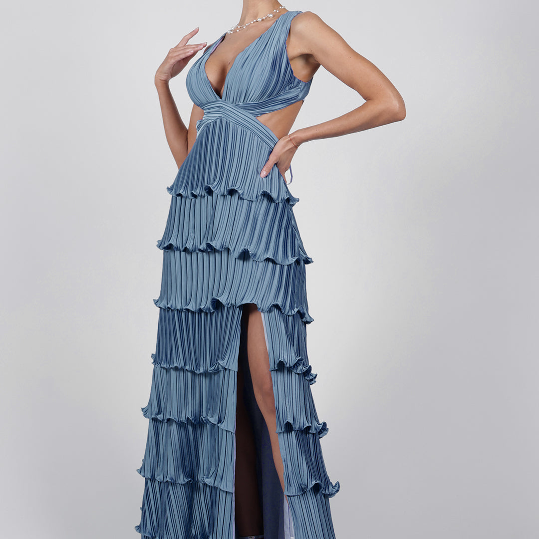Wide Straps V-Neck Cutout Pleated Side Split Dresses