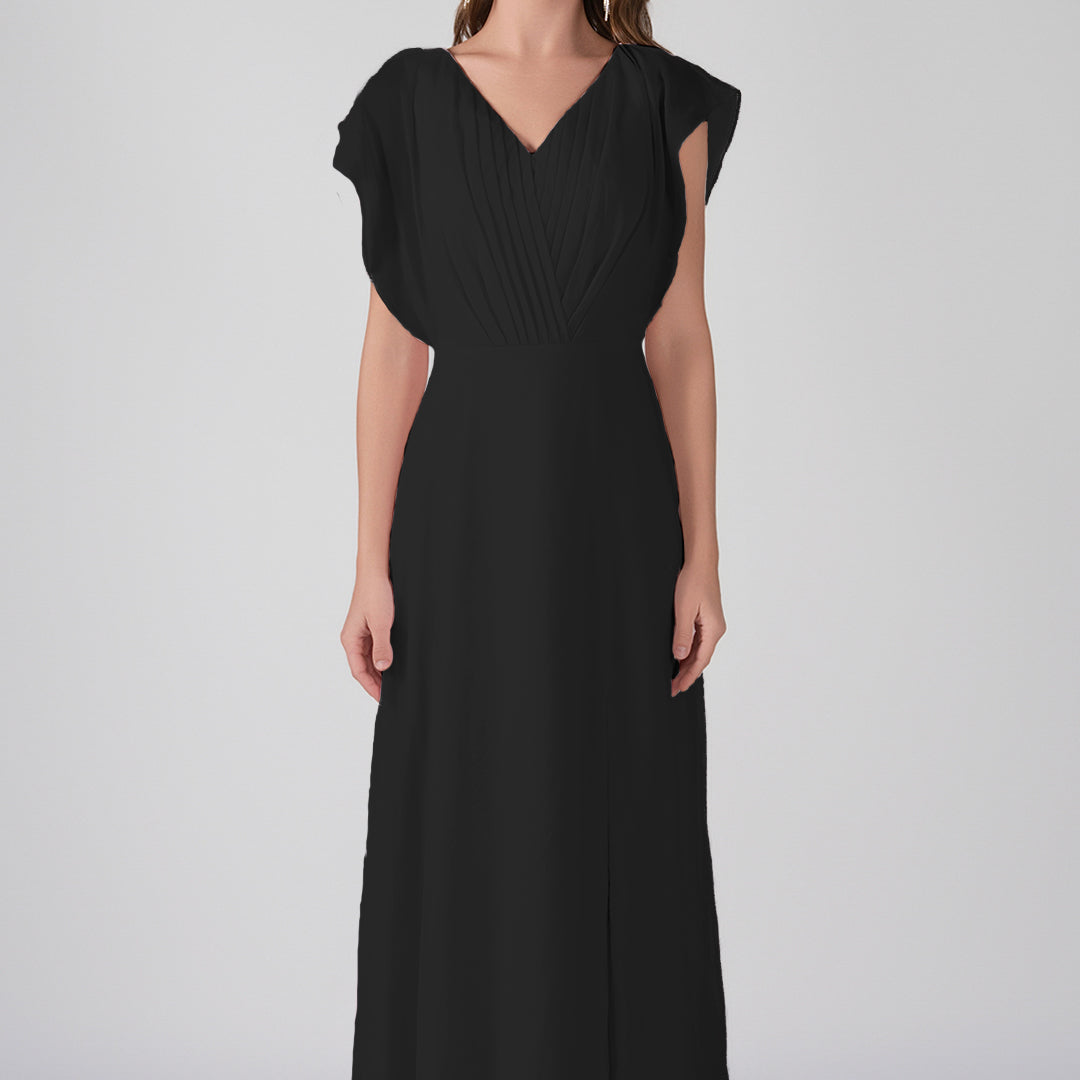 V-Neck Flutter Sleeves Pleats A-Line Maxi Dress
