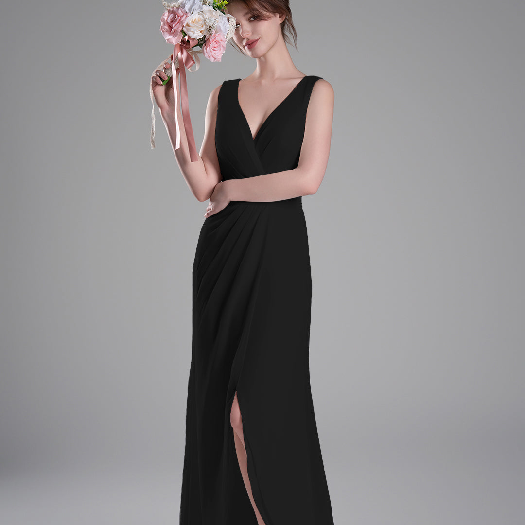 V-Neck Crossover Bodice Pleated Front Slit Dresses