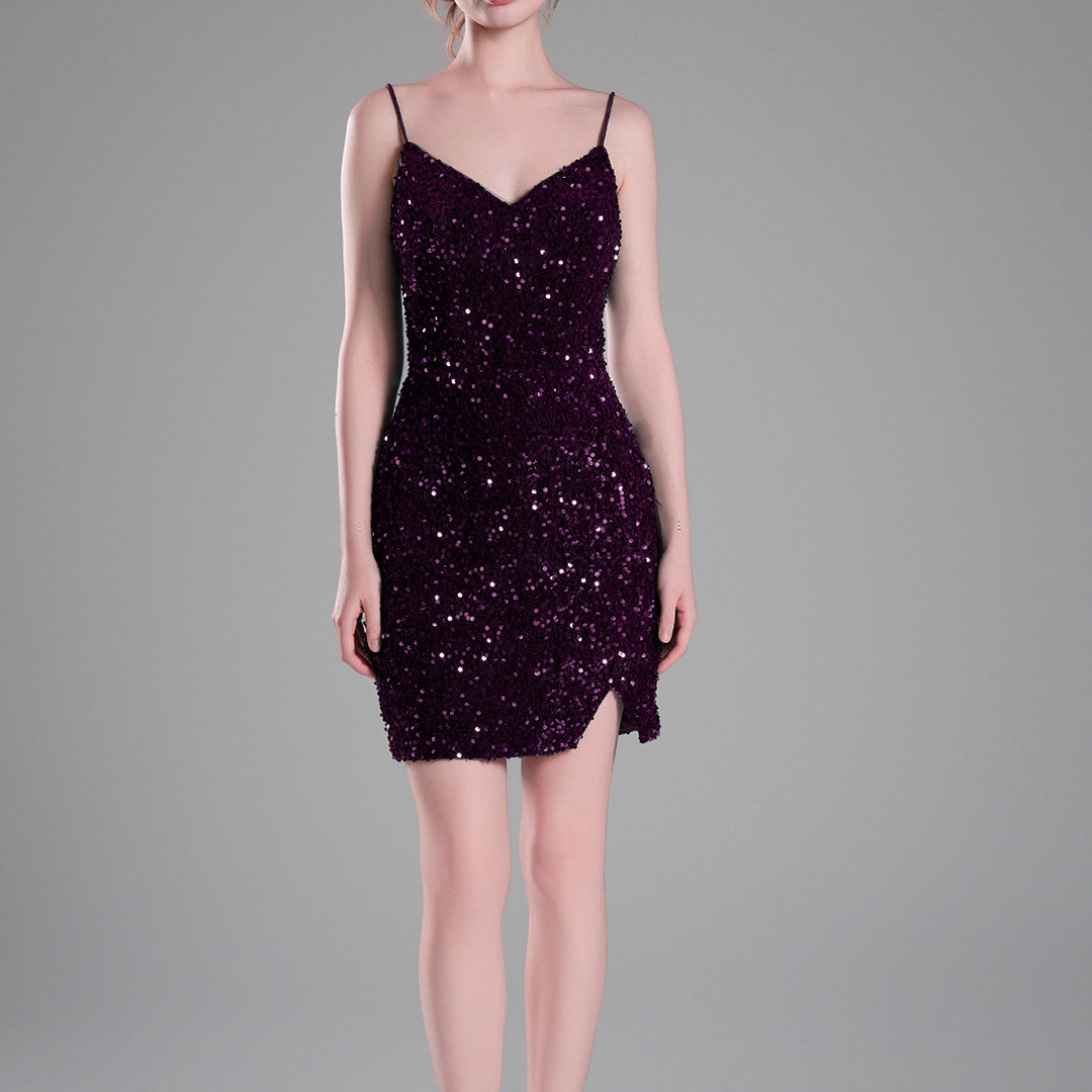 Spaghetti Straps Sparkling Velvet Sequin Mini Dress
