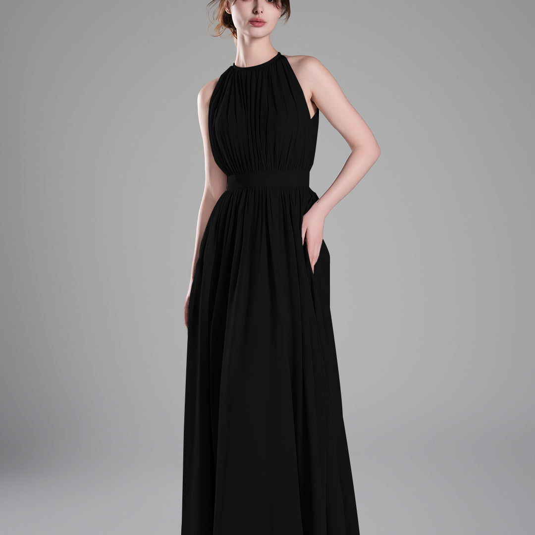 Halter Neckline Pleated Cinched Waist Dresses