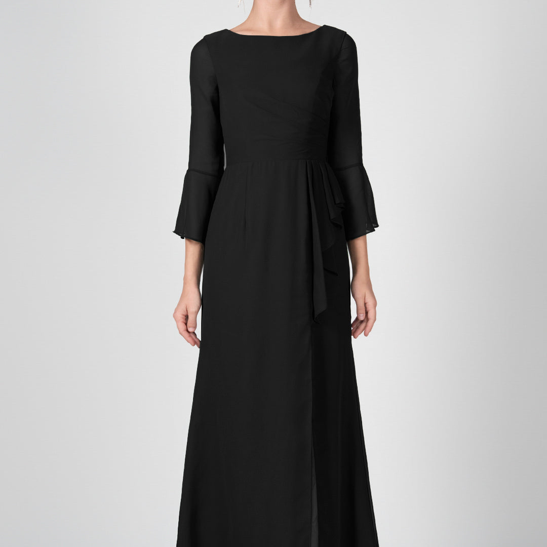 Bateau Neck Sheer Sleeve Split Maxi Dresses