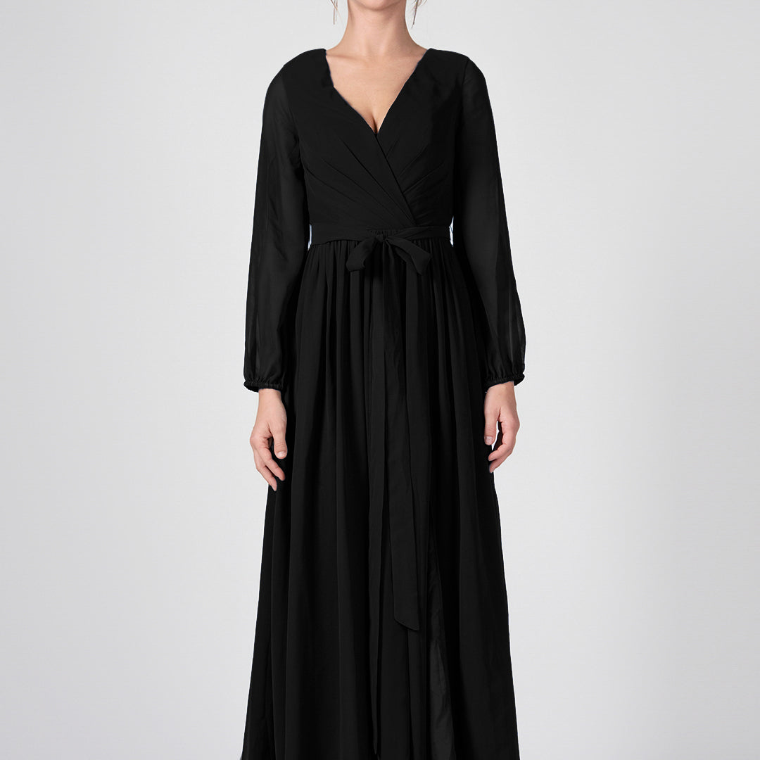 Ruched V-Neck Long Sleeve Split Maxi Dresses with Tie