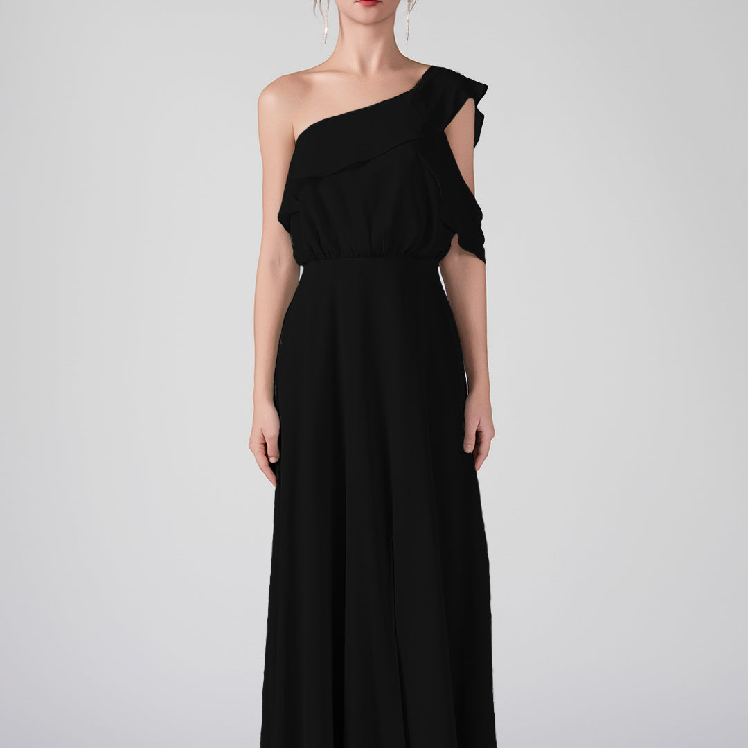 One Shoulder Ruffled Sleeves Front Split A-Line Maxi Dress