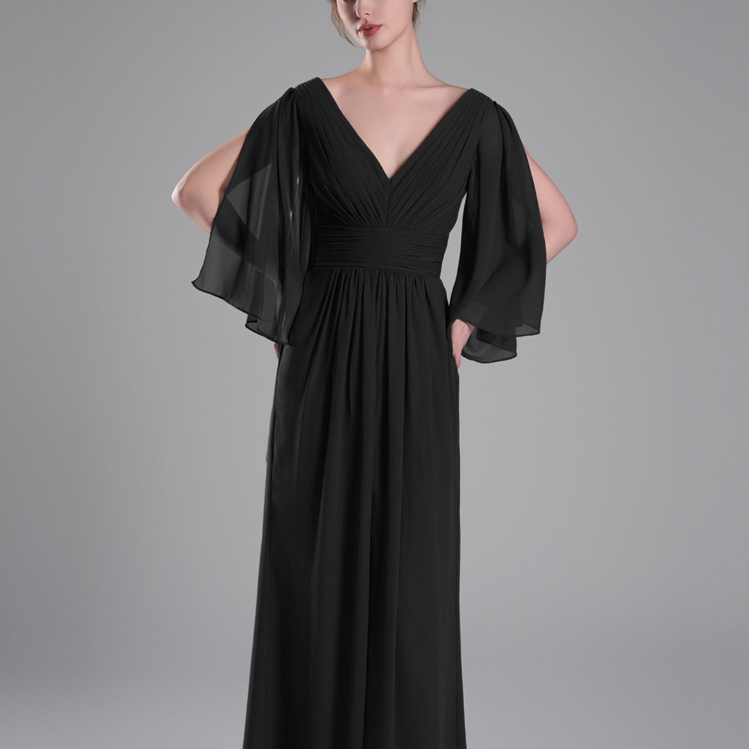 Flowing Chiffon Sleeves Ruched Waistline Slit Dresses