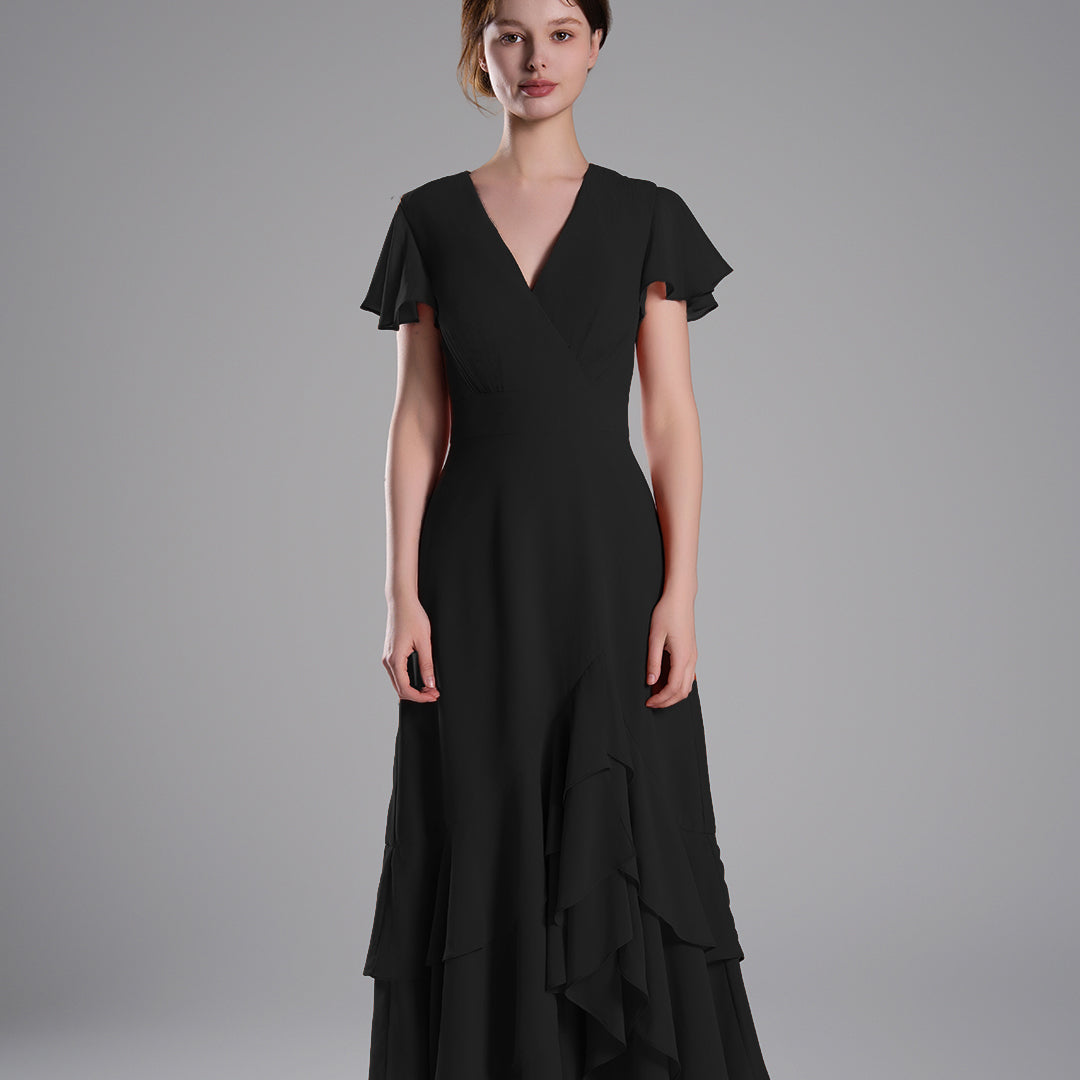 V-Neck Flutter Sleeves Asymmetrical Hemline Dresses