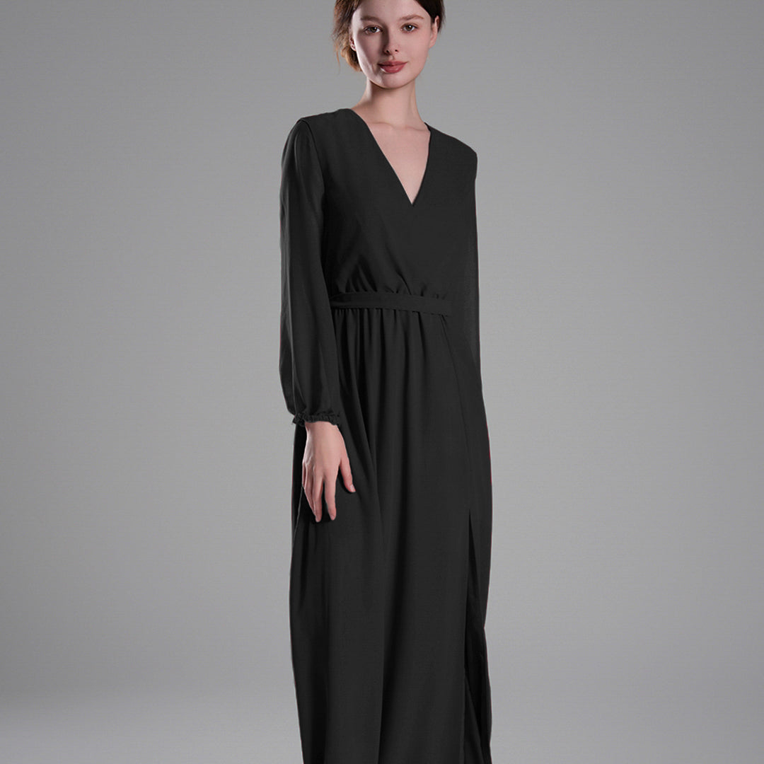 V-Neck Elegant Long Sleeves Flared Slit Dresses