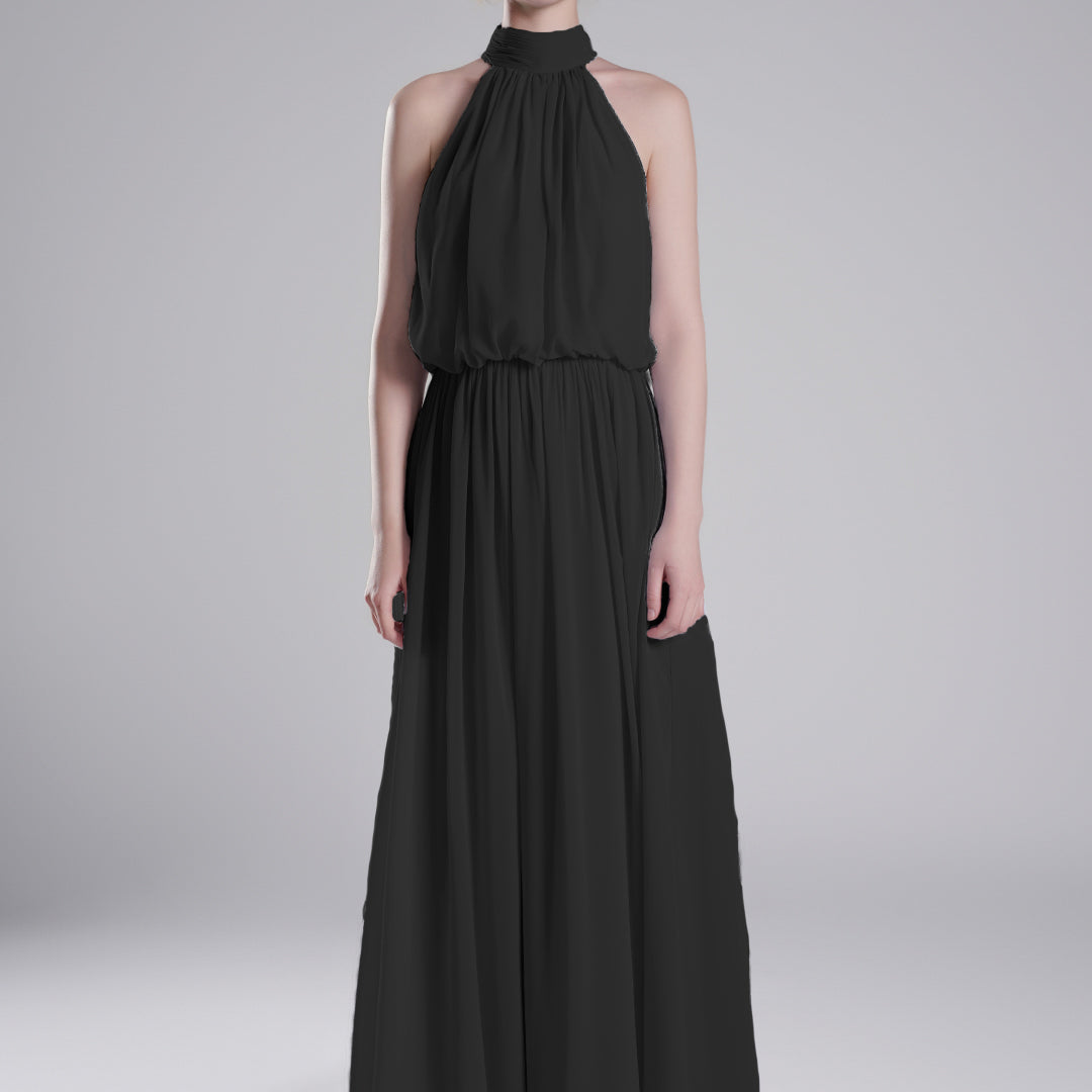 High Halter Neck Pleated Flowing A-Line Dresses