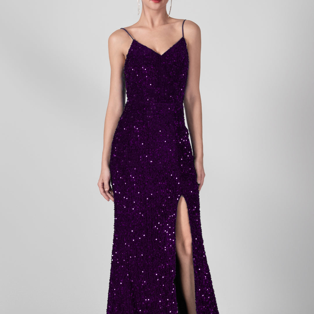 Spaghetti Straps Sequin High Slit Backless Dresses