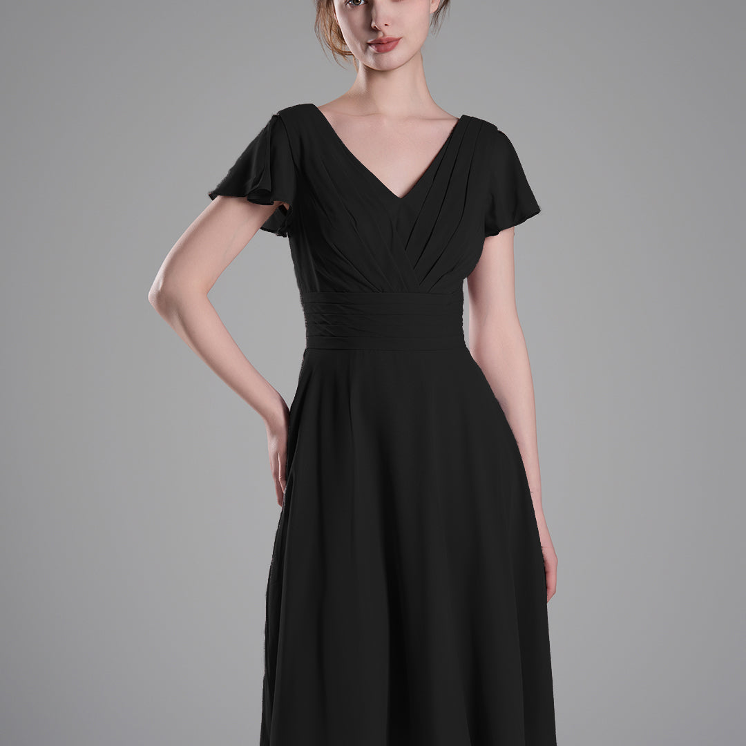 Flutter Sleeves Pleated V-Cut Back Mini Dresses