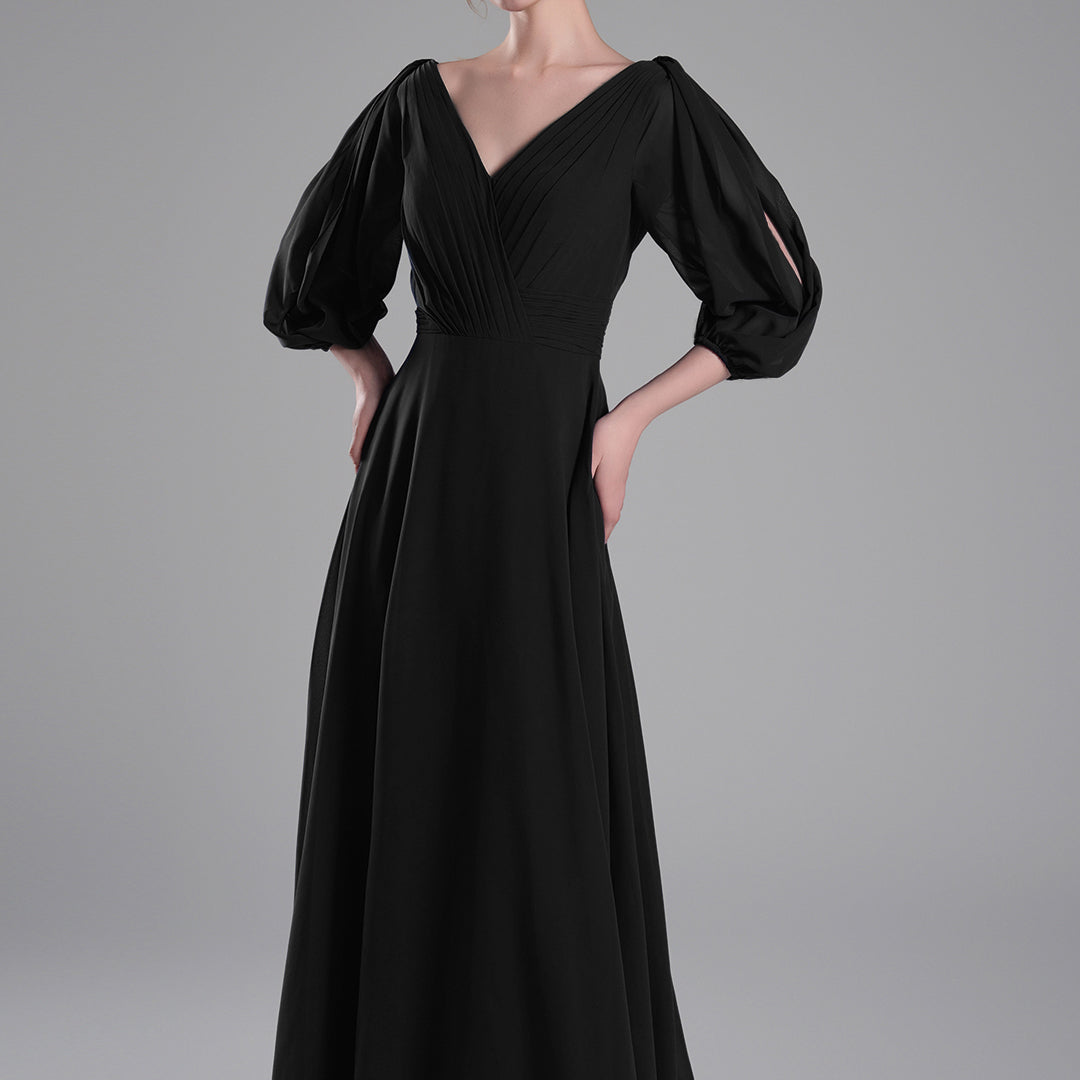 V-Neck Puffy Sleeves Pleated A-Line Dresses