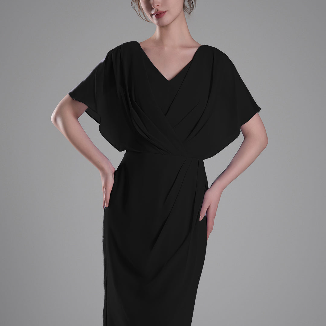 V-neck Pleated Cape Knee-length Dresses