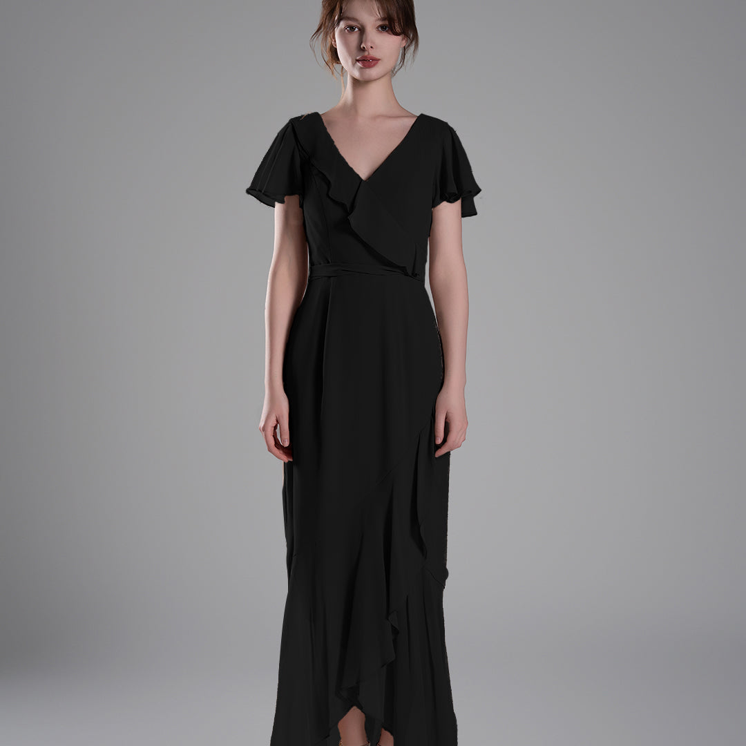 V-Neck Ruffled Detailing Pleated Patchwork Dresses