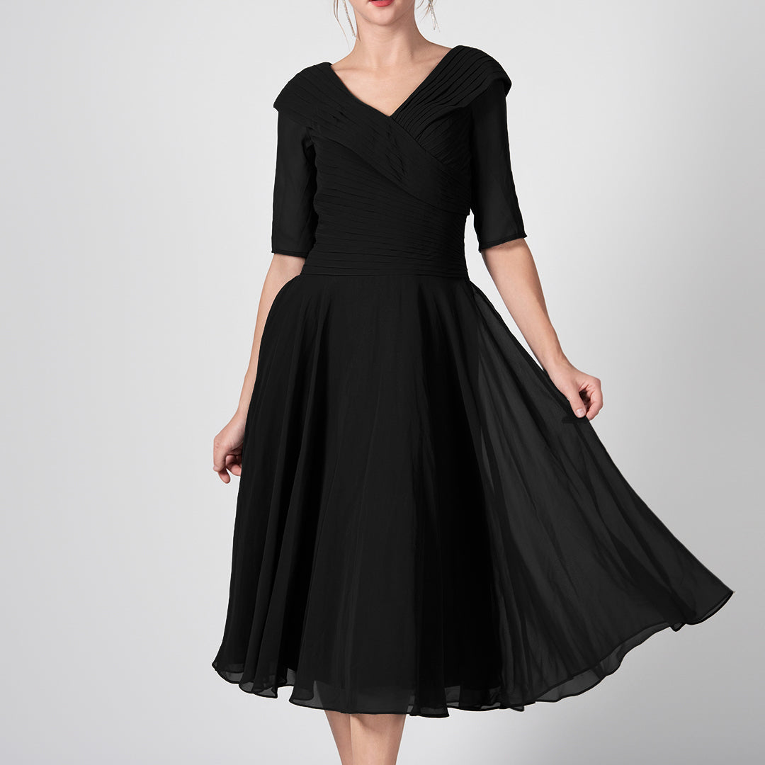 V-Neck Pleated A-Line Mother of the Bride Midi Dresses