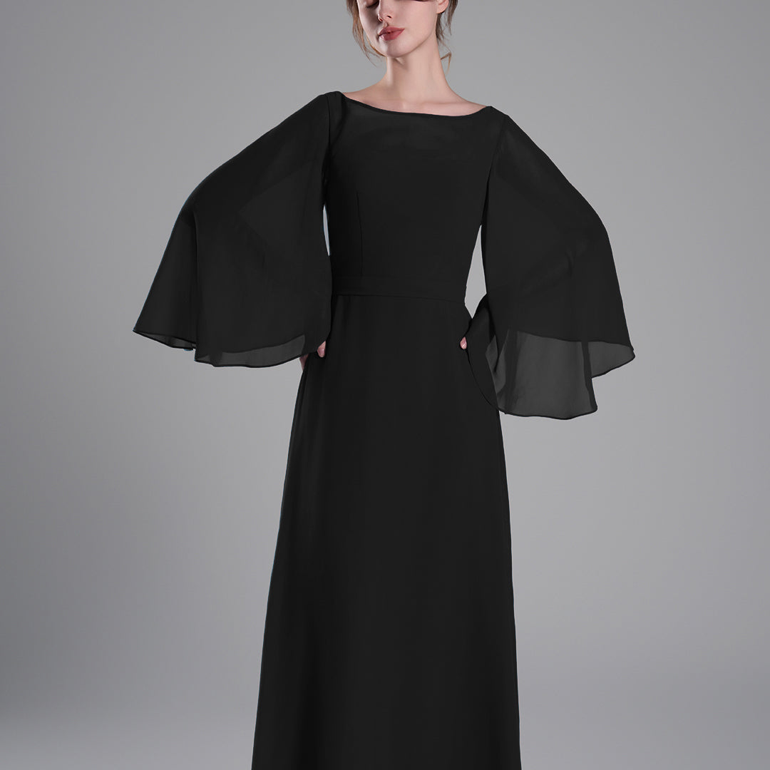 Boat Neckline Bell Sleeves Floor-Length A-Line Dresses
