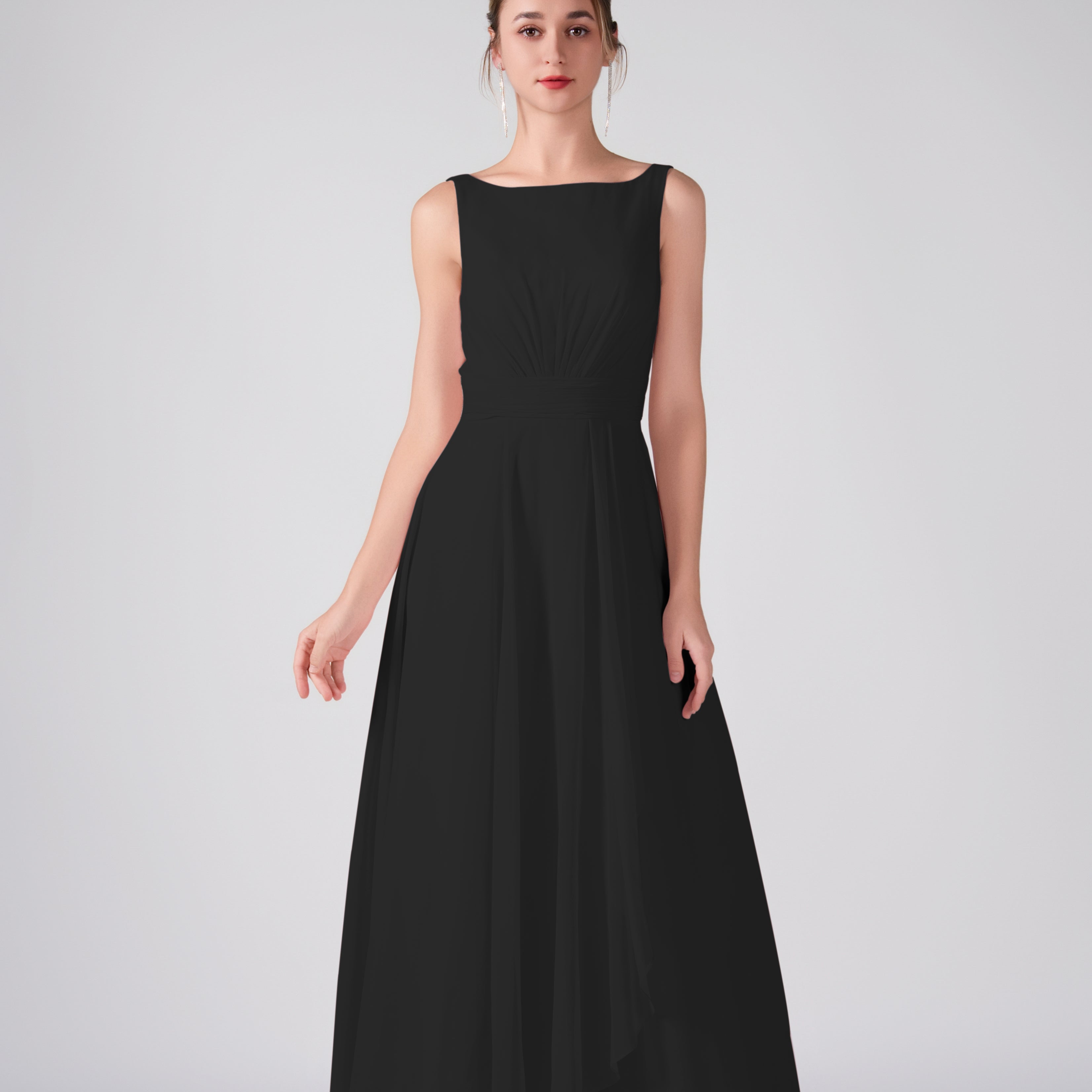 Bateau Neckline Sleeveless Ruched A-Line Maxi Dress