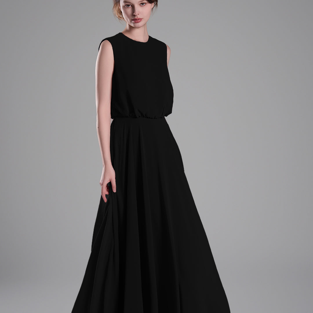 Sleeveless Round Neck Blackless A-Line Dresses